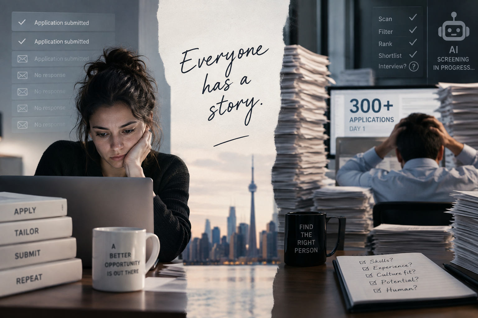 Toronto job seeker and hiring manager overwhelmed by applications and AI screening, highlighting the human side of recruitment.